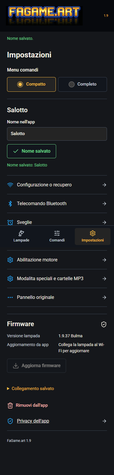 Salvataggio del nome Salotto e impostazioni dell'app