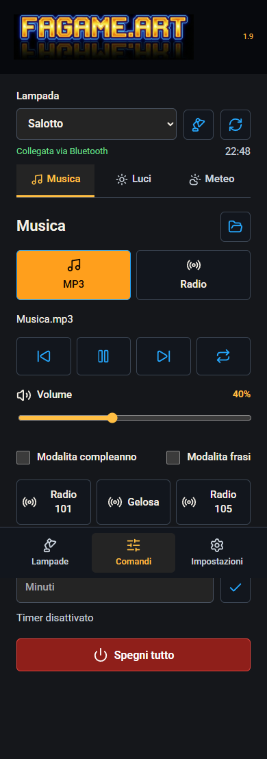 Comandi MP3, radio, volume e modalita speciali nella scheda Musica