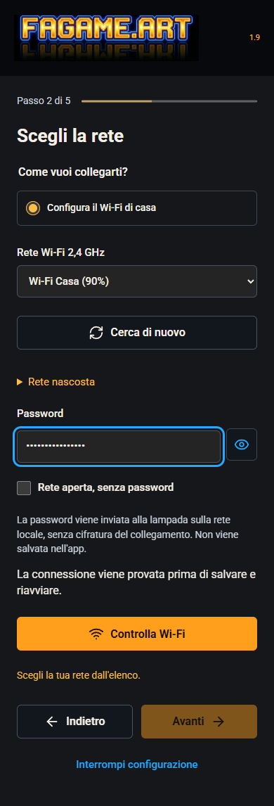 Scelta della rete Wi-Fi di casa, password e controllo prima del riavvio