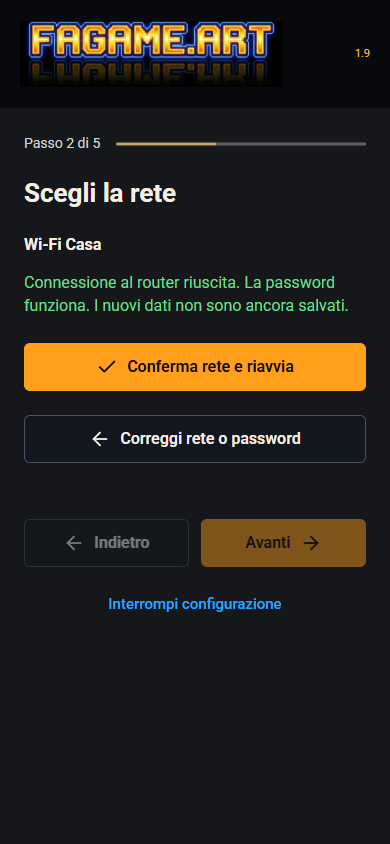 Controllo Wi-Fi riuscito e conferma prima di salvare e riavviare